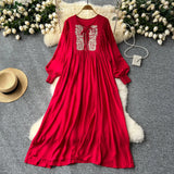Fongt Industry Embroidery Loose Holiday Dress Women Large Size Show Lean Meat Sweet Tie With Round Lantern Sleeve Dress