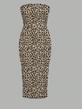 Fongt Sexy Leopard Prints Without Shoulder Straps To Long Casual Dress
