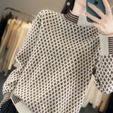 Winter Vintage Knitted Jumpers Casual Half High Collar Spliced Female Clothing Long Sleeve Fashion Asymmetrical Sweaters-Outfit