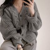 Fongt Chic Autumn Simple Lazy V-Neck Bubble Bubble Sleeves Wrench Loose Knitted Rhi Shirt Sweater Coat