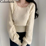 New 2021 Women Autumn Winter Sweaters Knitted Warm Thicken Square Collar Fashionable Vintage Pullovers Tops