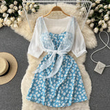 Fongt Small Pure And Fresh Broken Flower Condole Belt Skirt Chiffon Small Shawl Female Summer Two Set Suit-Outfit