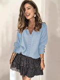 Fongt 2025 New Lace V-Necked Jacket Sweater Lady Loose Long-Sleeved Solid-Colored Sweater