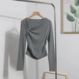 Side Bow Tie Design Folded Long-Sleeved T-Shirt Slim Thin Autumn Dress T-Shirt Short Top