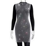 Fongt Women's Mesh Flash Diamond Round Collar Dress