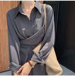 French Temperament High Waist Slim Criss-cross Shirt Dress Women Turn-Down Collar Single-Breasted Long Vestidos