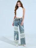 Fongt Style Hot Lace Spliced Straight Jeans Women's Summer Strap Design Prints Denim Trousers