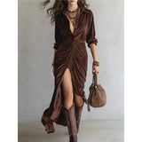 Fongt 2025 Fashion Button Folded Velvet Long-Sleeved Shirt Dress