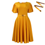 Fongt Women's 2025 Summer Fashion Bubble Sleeve Elegant High- Waist Solid Colored Round Dress African Dress