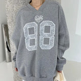 V-Neck Lace Embroidered Lace Letter Pullover Sweatshirt-Outfit