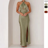 Fongt Spring Summer New Women's Sexy Waist Hanging Neck Open Fork Long Color Sleeveless Dress Woman