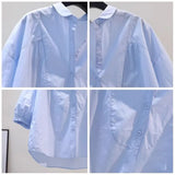 Fongt Fresh Art And Light Blue Cotton Shirt Women 7-Sleeve Casual Shirt 2025 Summer Temperament Top