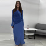Fongt Temperament Micro-Trumpet Folded Cross Superimposed Tying Belt Girded Waist Dressing Spliced High-Waisted Dress