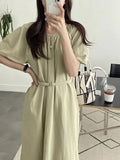 Fongt Chic Summer Retro Small Fresh Round Collar Tie Waist Show Thin Pleated Bubble Sleeve Dress Long Skirt Woman-Outfit