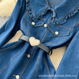 Fongt And Cooked Wind Dolls To Receive Waist Metal Buckle Temperament Casual Long Denim Dress 0011
