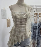Fongt Lattice Splicing Lace Ribbon Ribbon Swing Tie Sling Sling Vest Irregular Lotus Leaf Side Hottie Top 8078