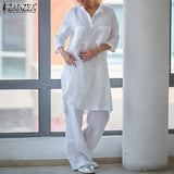 Women Autumn Suits Fashion Solid 3/4 Sleeve Matching SetsWide Leg Trousers Cotton Pant Sets Oversize Casual Loose