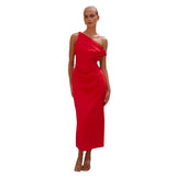 Fongt Spring And Summer New Solid Color Inclined Shoulder Open Shoulder Sexy Medium Long Dress 88112-Outfit