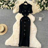 Fongt Little Scent Retro V-Neck Metal Single-D Row Buckle Slimming Temperament Knitted Dress Spring