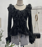 Fongt Shooting Waste Soil Wind Irregular Wood Ear Trumin Knitting To Make Old Hole Splicing Hairy Blouse Hottie Cardigan 2987