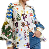Fongt Women's New Temperament Commuting Print Collar Single Buckle Lantern Sleeve Lady Shirt Women