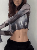 Cropped Flare Cuffs Mesh Blouse-Outfit