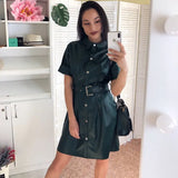 Vintage Sashes Front Button A-line Dress Short Sleeve Turn Down Collar Solid Elegant Casual Dress 2020 Early Spring