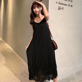 Womens Summer New Chic Fit Tender Sweet Pleated Spaghetti Trendy Soft Simple Solid Korean Style Elegant Vintage Pure
