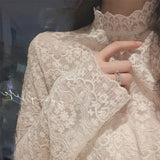 Fongt New Blouse Shirt Women Half-High Embroidered Delicate Inner Lace-Up Yarn