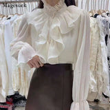 Spring Ruffle Stitching Palace Blouse Women Long Flare Sleeve Buttons Ruched Loose Top New Stand Collar Chiffon Shirt
