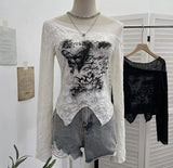 Fongt Breeze Butterfly Graffiti Mesh Patchy Texture Long-Sleeved T-Shirt Picties Short Repair Bodysuit 2753