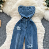 Fongt Kong Flavor Chic Net Red New Design Heartless Sleeveless High-Rise Thin Hole Casual Denim Jumpsuit