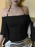 Fongt Shoulder Design Beads With Hanging Neck Horn Sleeve Tops The Folding Tight Waist Thin Knitting Temperament Top