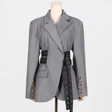 Fongt Jacket Female 2024 Autumn Dress New Fashion Temperament Side Belt Waist Advanced Sense Splicing Long-Sleeved Suit-Outfit