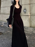 New Round Collar Bottom Dress Long Sleeves Thin Korean Knitted Dress Medium Long European Knitted