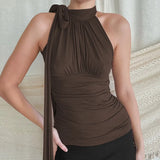 Elegant Simple Solid Color Bib Tie Wrinkle Tight Show Thin Sleeveless Vest Gentle Ribbon Blouse-Outfit