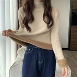 Women's Fall Winter Thicken Slim Sweater Casual Mock Neck Plus Velvet Knitted Tops Warm Soft Jumper Basic Knitwear Jumper