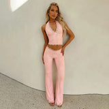new summer two-piece set halterneck lace tops bootcut trousers fashionable casual suits club clothing Vestidos-Outfit