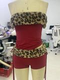 Fongt Of Sexy Folded Short Bra Vest Drawstring Low-Rise Shorts Leopard Hair Spliced Two Sets