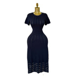 Fongt New Elegant Round Neck Nails Hollow Slimming Temperament Short-Sleeved Knitted Dress Woman
