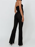 2pcs Set Women Lace Bustiers Strapless Off Shoulder Tube Tops Party Mesh See Through Tank High Waist Long Flare Pants-Outfit