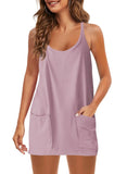 Fongt Summer Solid Sleeveless Dress Fine Shoulder Strap Vest Skirt Sports Skirt Pocket