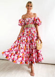 Fongt Summer New Bubble Sleeve Holiday Show Skinny Dress Babes High-Waisted Shoulder-Print Dress Dress Woman