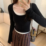 Tight Bottomed Shirt Women's Autumn And Winter New Fake Two Shoulder Long-Sleeved T-Shirts With Short