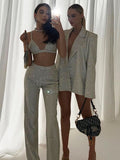 Turn-down Collar Sequins Women Blazer Sets Silver Long Sleeve Tops Casual Pants Women Spring Loose Fashion