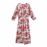 Print Wrap Midi Dress Women Elegant Long Sleeve Gathered Front Knot Dresses Female Chic Split Vintage Ruched Summer