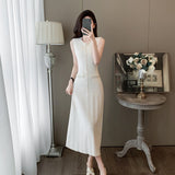 Fongt Elegant Sleeveless Round-Necked Pearl Knitted Long Dress Summer New High-End Simple Dress