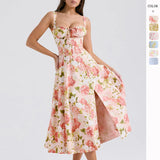 Fongt New Sexy Bare Back Sling Dress Holiday Breeze Flower Fork Long Skirt