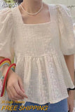 Blouse T-shirt Women Square Collar Puff Sleeve Big Hem High Waist Tops Shirts Female Casual