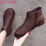 Boots Women short boots Woven cowhide Flat casual shoes Autumn and winter flat ankle boots brown Black ladies